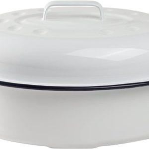 Enameled Roasting Pan with Lid, Covered Roaster Pan Oval Pot Enamelware Cookware, 15.5 Inch, Vintage Farmhouse White
