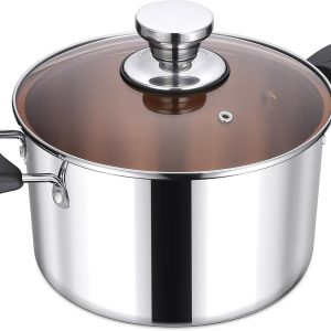 4-Qt Stock Pot, Triply Stainless Steel Stockpot with Glass Lid & Stay-Cool Handles for Cooking Simmering Soup Stew, Heavy Duty Cookware Works w/Induction, Non-toxic & Dishwasher Safe