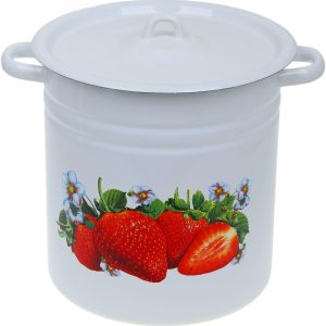 Enameled Large White ''Strawberry'' Stainless Steel Pot for Cooking 12.6 Qt / 12 L, Enamel on Steel Stock Pot with Lid, Vintage Style Stockpot for Cooking, Enamel on Steel Enamelware Soup Pasta Pot