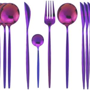 Silverware Sets, 24-Piece Stainless Steel Flatware/Cutlery/Tableware Set Service for 6 Person, Include Knife/Fork/Spoon, Mirror Polished (Purple)