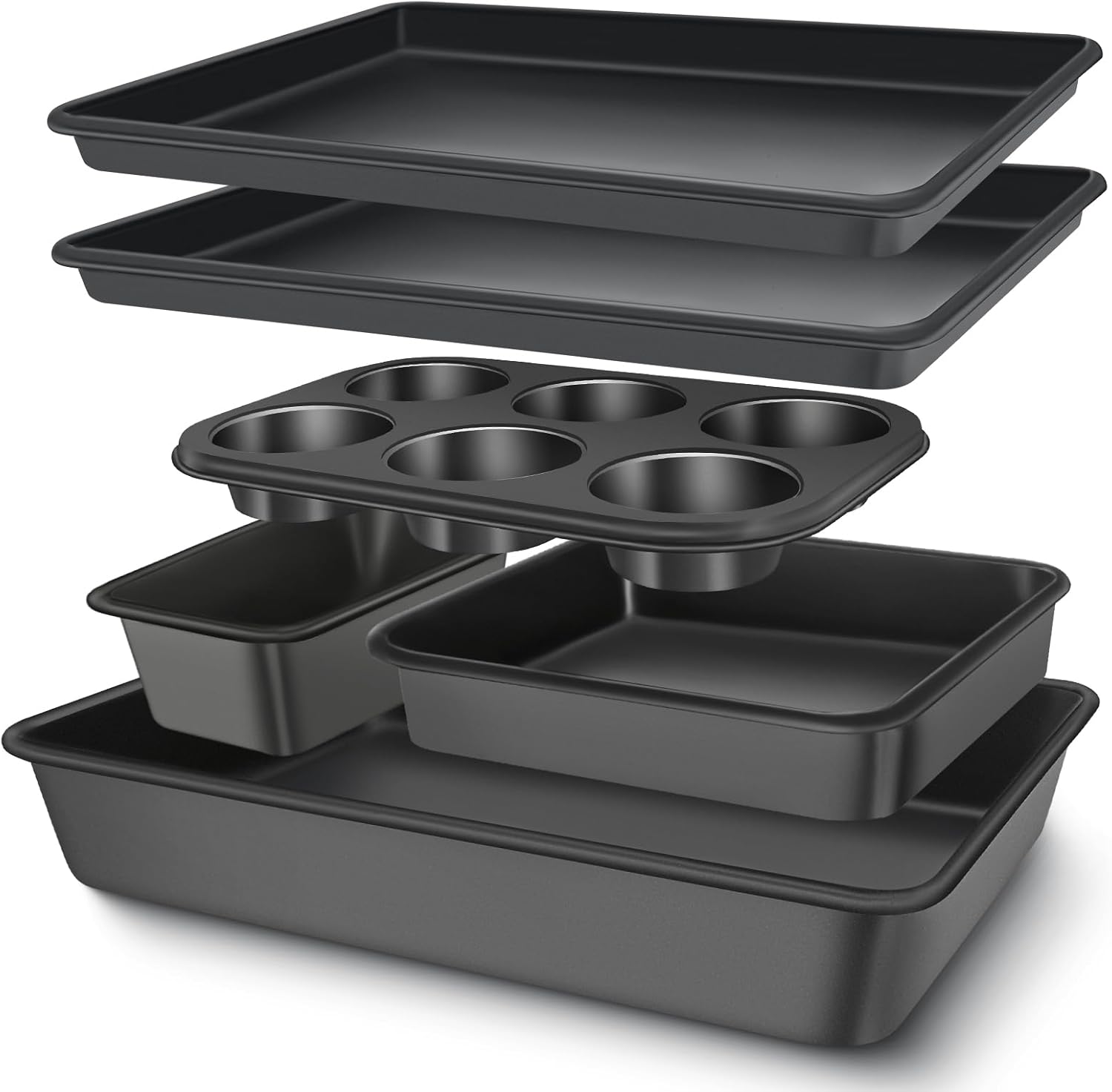 Baking Pans Set, Nonstick Bakeware Sets, Oven Pans for Cooking, 6 Pieces Baking Sheets Set Including Cookie Sheet, Deep Roaster Pan, Square Pan, Loaf Pan, Muffin Pan, Carbon Steel Baking Set