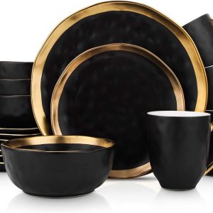 Modern Porcelain 16 Piece Dinnerware Set, Plates and Bowls Set, Dish set for 4, Black And Golden Rim