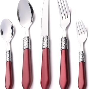 20-Piece Cutlery Set, Retro Rose Red Handle Stainless Steel (Knife, Fork, Spoon, Tea Fork, TeaSpoon) - 4 Person Set, Dishwasher Safe