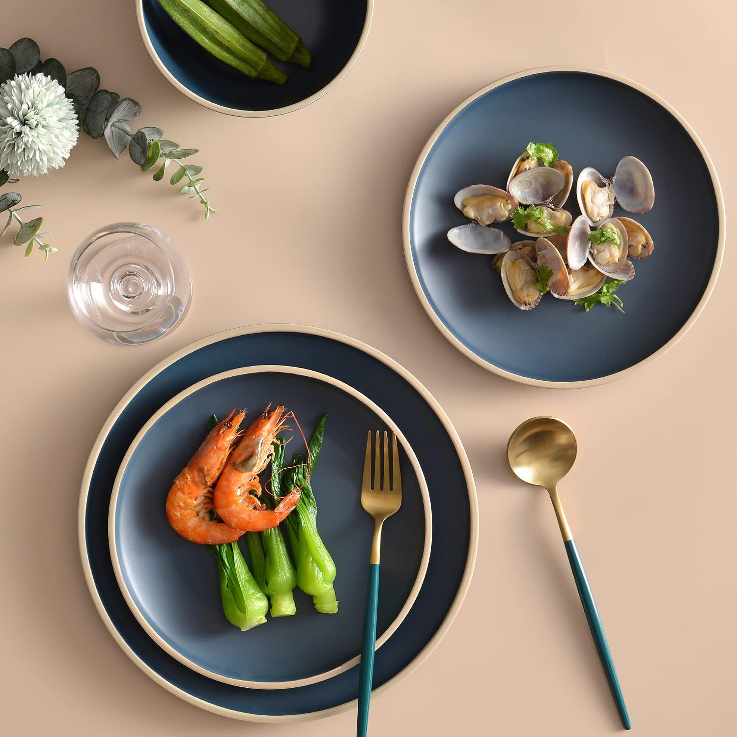Melamine Dinnerware Sets for 4, Plates and Bowls Sets 12 Pcs, Melamine Plates, Nautical Dinnerware Sets, Modern Style,Dishwasher Safe, BPA Free, Suitable Indoor and Outdoor Use (Deep Blue) - Image 2