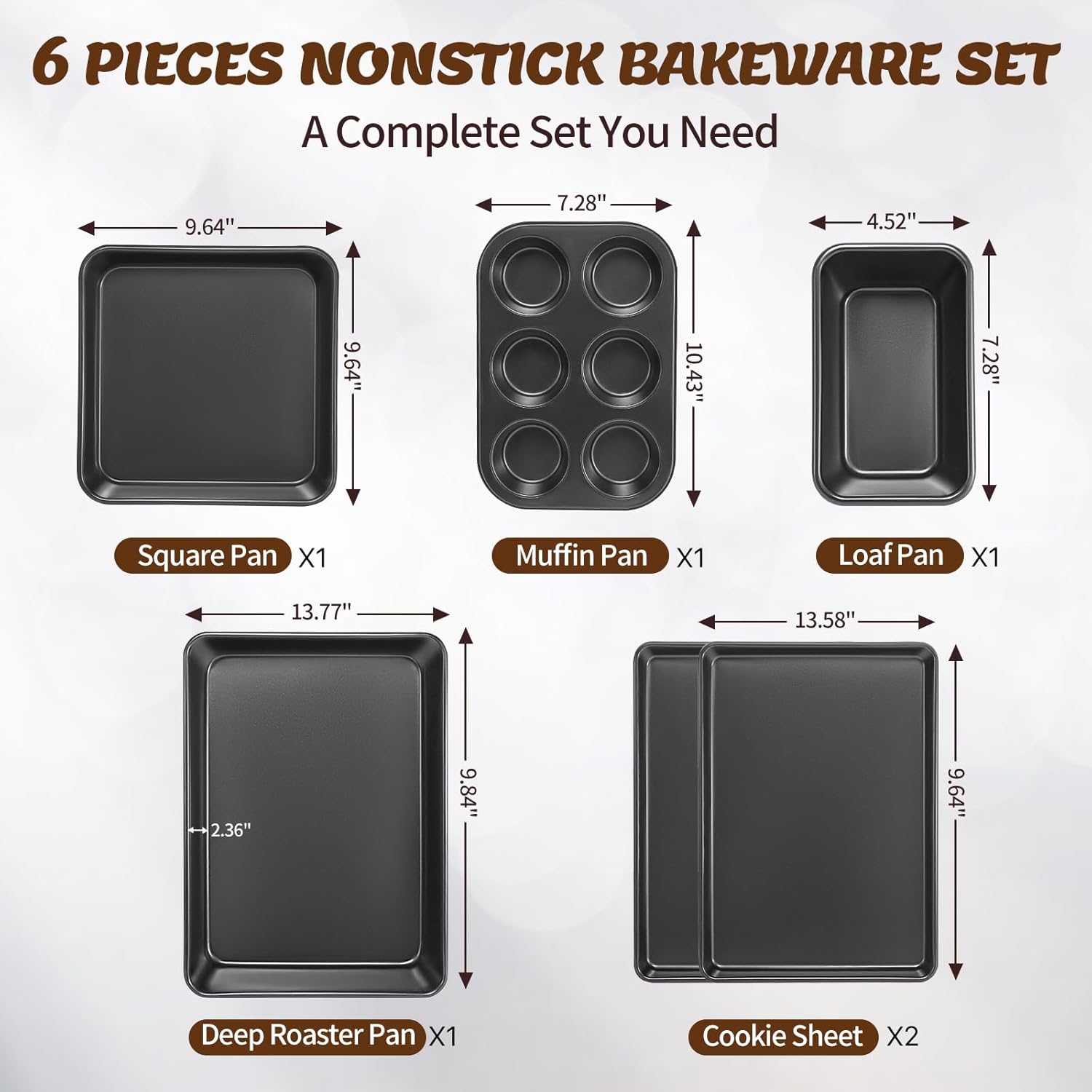 Baking Pans Set, Nonstick Bakeware Sets, Oven Pans for Cooking, 6 Pieces Baking Sheets Set Including Cookie Sheet, Deep Roaster Pan, Square Pan, Loaf Pan, Muffin Pan, Carbon Steel Baking Set - Image 2