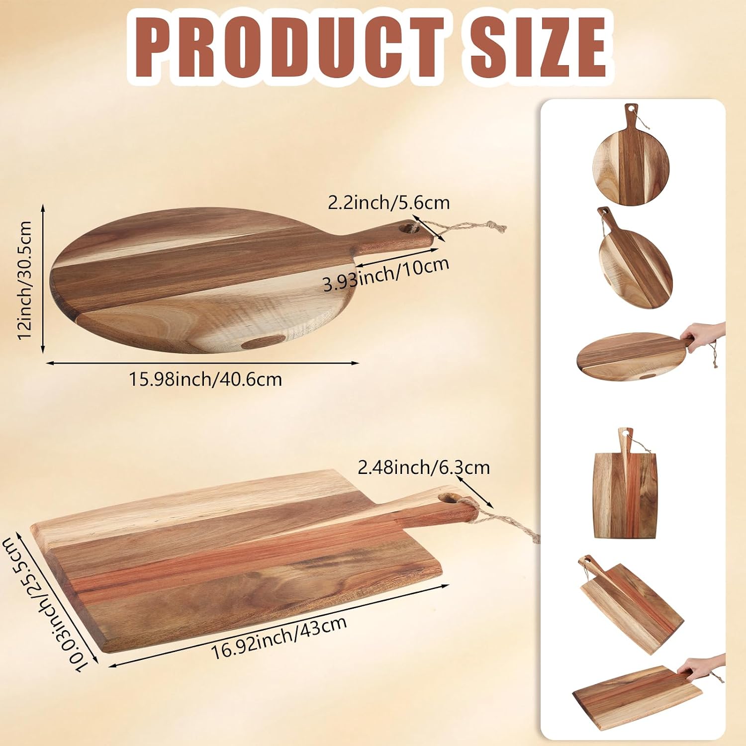 2 Pcs Acacia Wood Cutting Board with Handle Wooden Charcuterie Board Large Paddle Carving Chopping Set Butter Serving Tray for Cheese Meat Fruit Pizza Bread Baking(Classic Handle) - Image 2