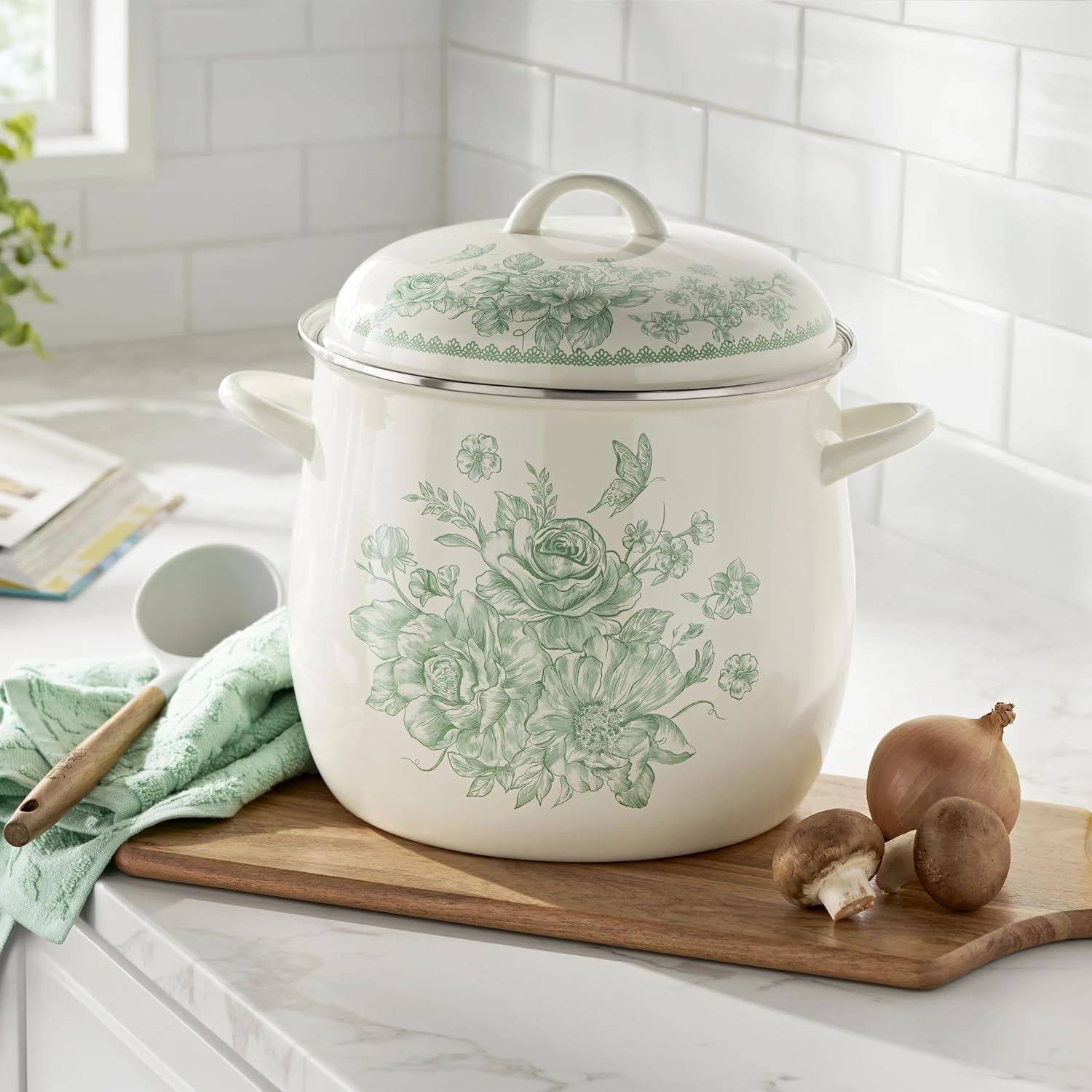 12-Quart Enamel on Steel Stock Pot, Green Large Cooking Pot for Soups Stews, Colorful Enamelware Stockpot for Home Kitchen
