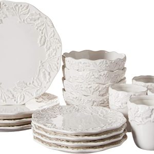 Holiday Round Dinnerware Set – 16-Piece Ceramic Party Collection w/ 4 Dinner Salad Plates, 4 Bowls & 4 Mugs –Gift Idea for Special Occasions, White,