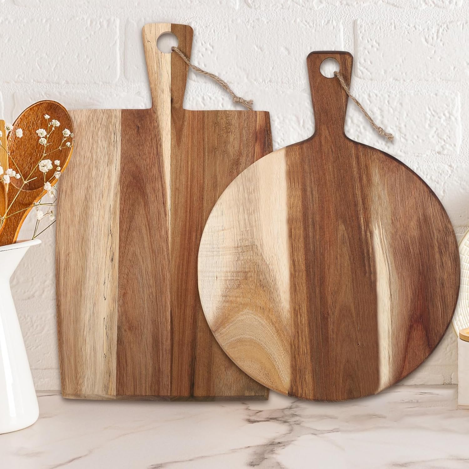 2 Pcs Acacia Wood Cutting Board with Handle Wooden Charcuterie Board Large Paddle Carving Chopping Set Butter Serving Tray for Cheese Meat Fruit Pizza Bread Baking(Classic Handle)