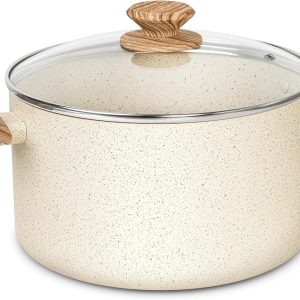Nonstick Stock Pot, 6 Quart Cooking Pot with Lid, Induction Soup Pot White Granite, Non Stick Pot with Stay-cool Handle, 6 Quart Pot for Cooking