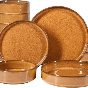 Two-tone stoneware dinnerware set (plates and bowls) featuring a reactive glaze finish — amber; service for four (16-piece set).