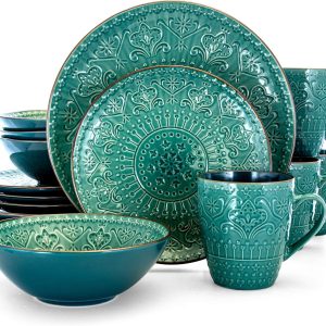 Round Stoneware Embossed Dinnerware Dish Set, 16 Piece, Ocean Teal and Green